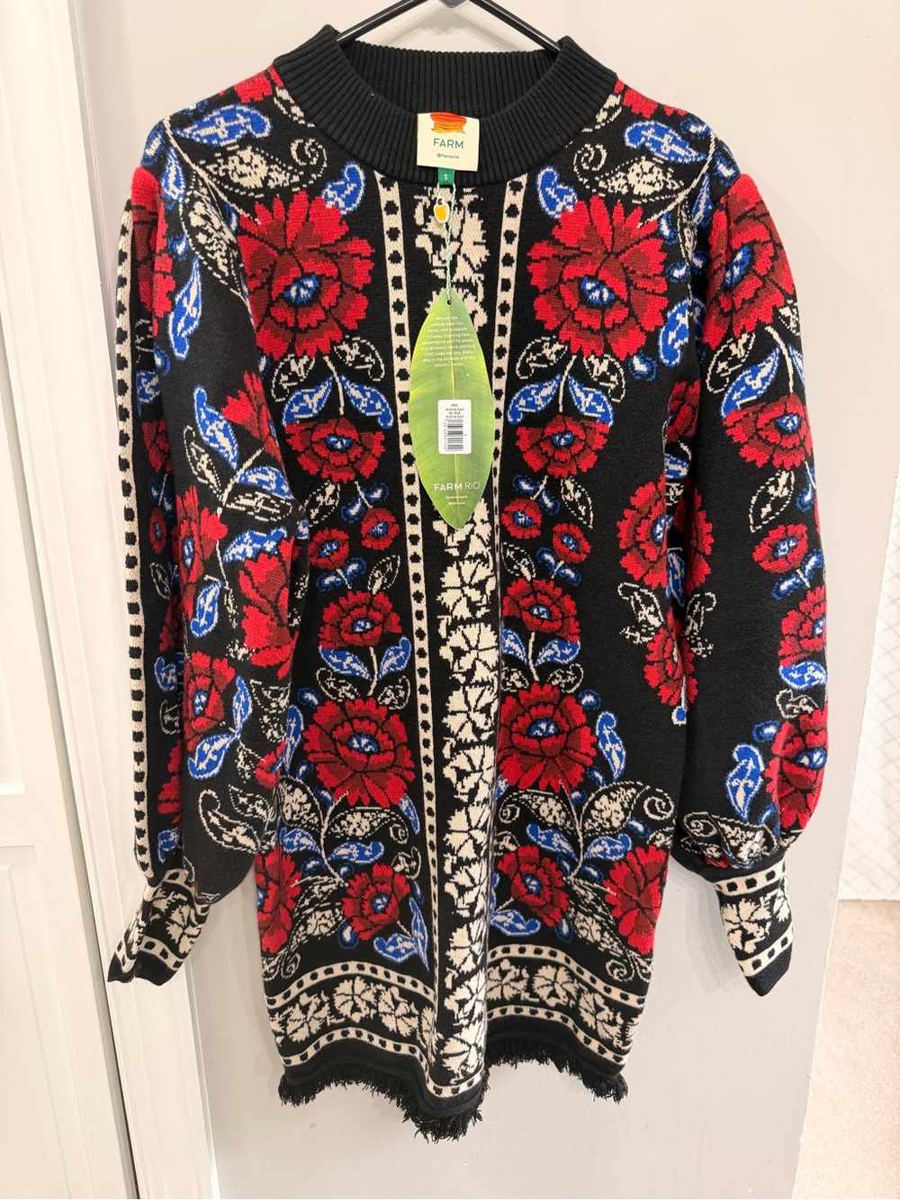 FARM Rio Black Knit Crewneck Sweater with Red & Blue Floral Jacquard